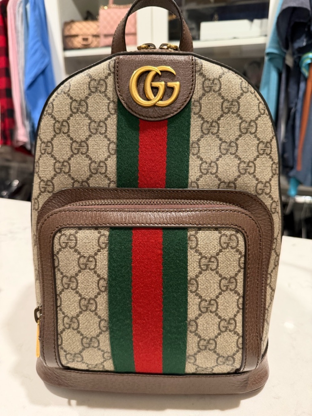 Gucci Beige GG Supreme Canvas Mini Backpack with Green/Red Web